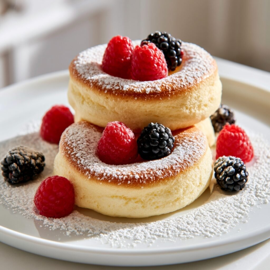Two stacked fluffy German-style soufflé pancakes dusted with powdered sugar, topped with fresh raspberries and blackberries, with additional berries scattered on a white plate.