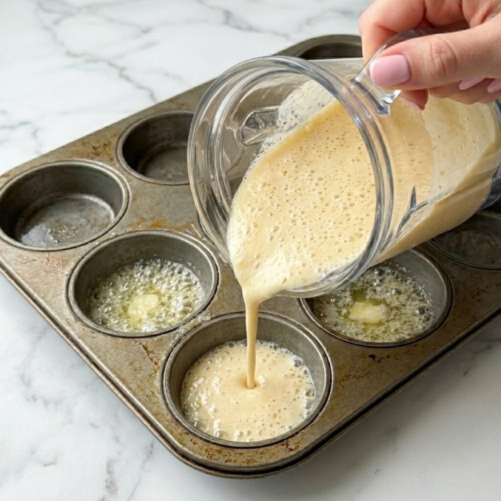 Close up of hands with baby pink nails pouring frothy blended egg batter into a hot sizzling muffin tin with melted butter.