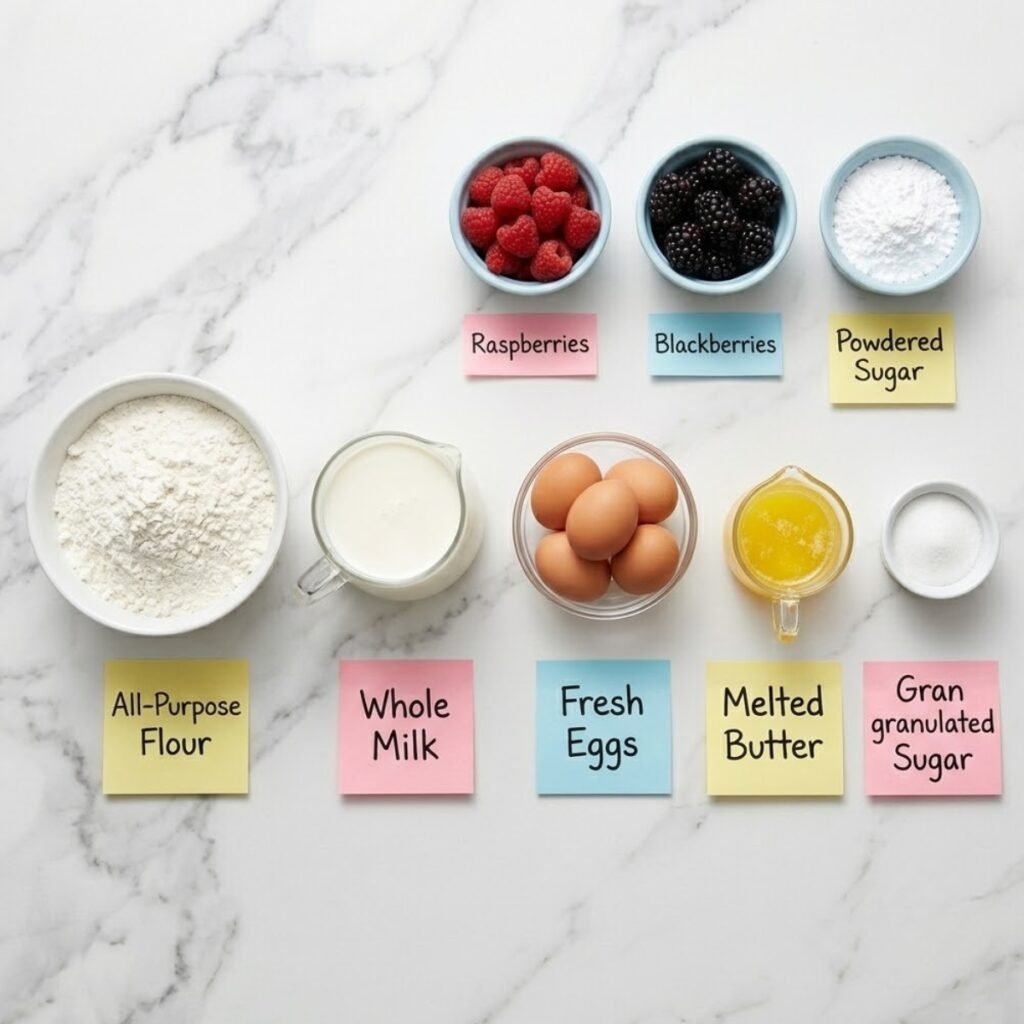 Top down flat lay of mini German pancake ingredients including flour, room temperature milk, eggs, butter, and fresh berries on a marble counter with sticky notes.