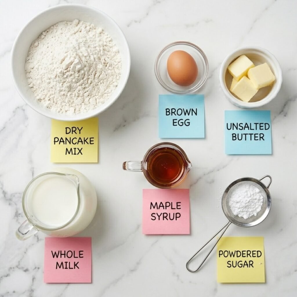 Top down flat lay of viral scrambled pancake ingredients including mix, milk, egg, butter, and maple syrup in neat bowls with labels.