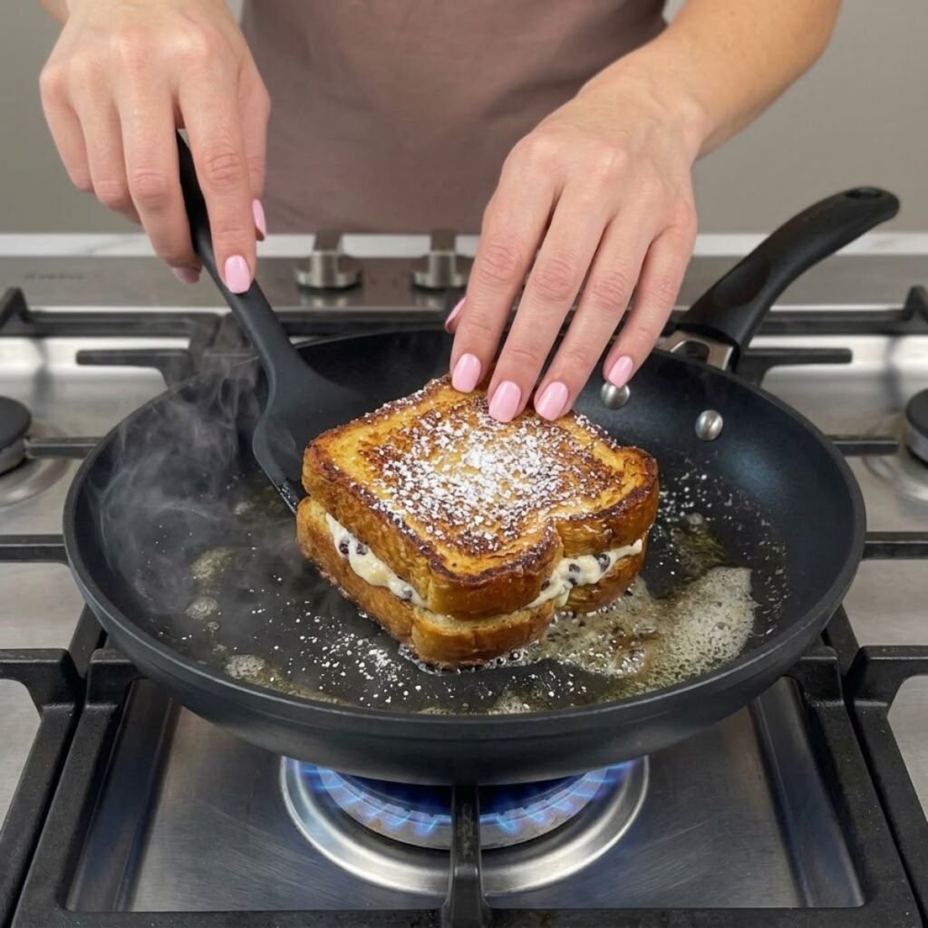 A close up high angle view of a woman with Baby Pink nails using a spatula to flip a golden-brown stuffed French toast sandwich in a sizzling skillet on a gas stove.