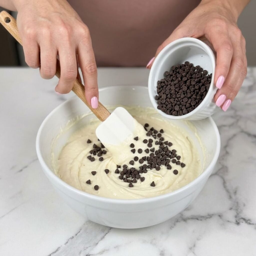  A close up high angle view of a woman with Baby Pink nail polish using a spatula to fold chocolate chips into a ricotta cream cheese filling in a white bowl on a marble counter.