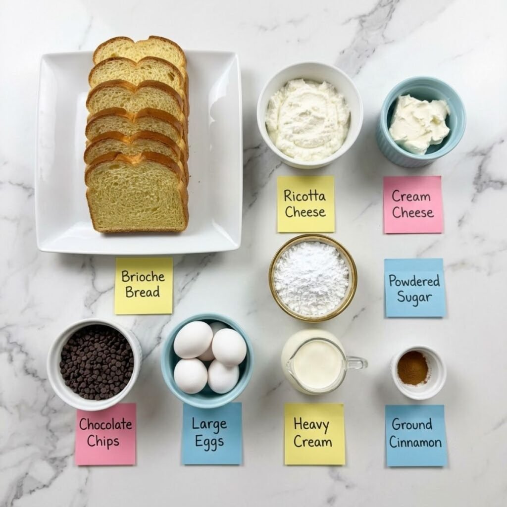An overhead flat lay photograph of Cannoli Stuffed French Toast ingredients including brioche, ricotta, cream cheese, chocolate chips, eggs, and cinnamon, organized on a white marble counter with handwritten sticky notes.