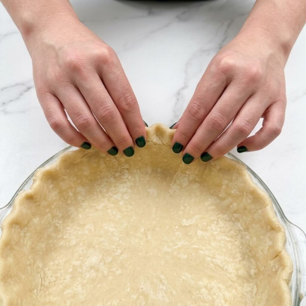 Close up high angle view of a woman with Dark Emerald Green nails fitting and crimping unbaked pastry dough into a 9-inch glass pie dish on a lightly floured surface.