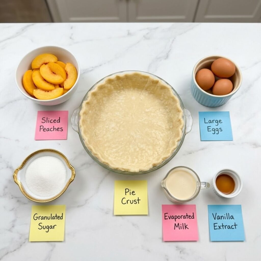 An overhead flat lay of Peach Custard Pie ingredients including pie crust, sliced peaches, eggs, sugar, evaporated milk, and vanilla extract in separate colorful ceramic and glass containers with handwritten sticky notes on a white marble countertop.