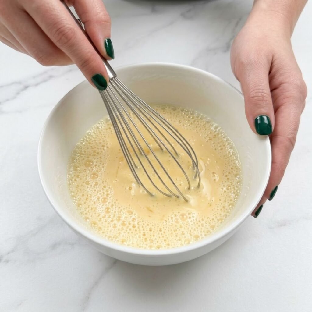 An eye level extreme close up of a woman with Dark Emerald Green nails using a wire whisk to thoroughly beat eggs into a uniform mixture inside a white ceramic mixing bowl on a marble countertop.