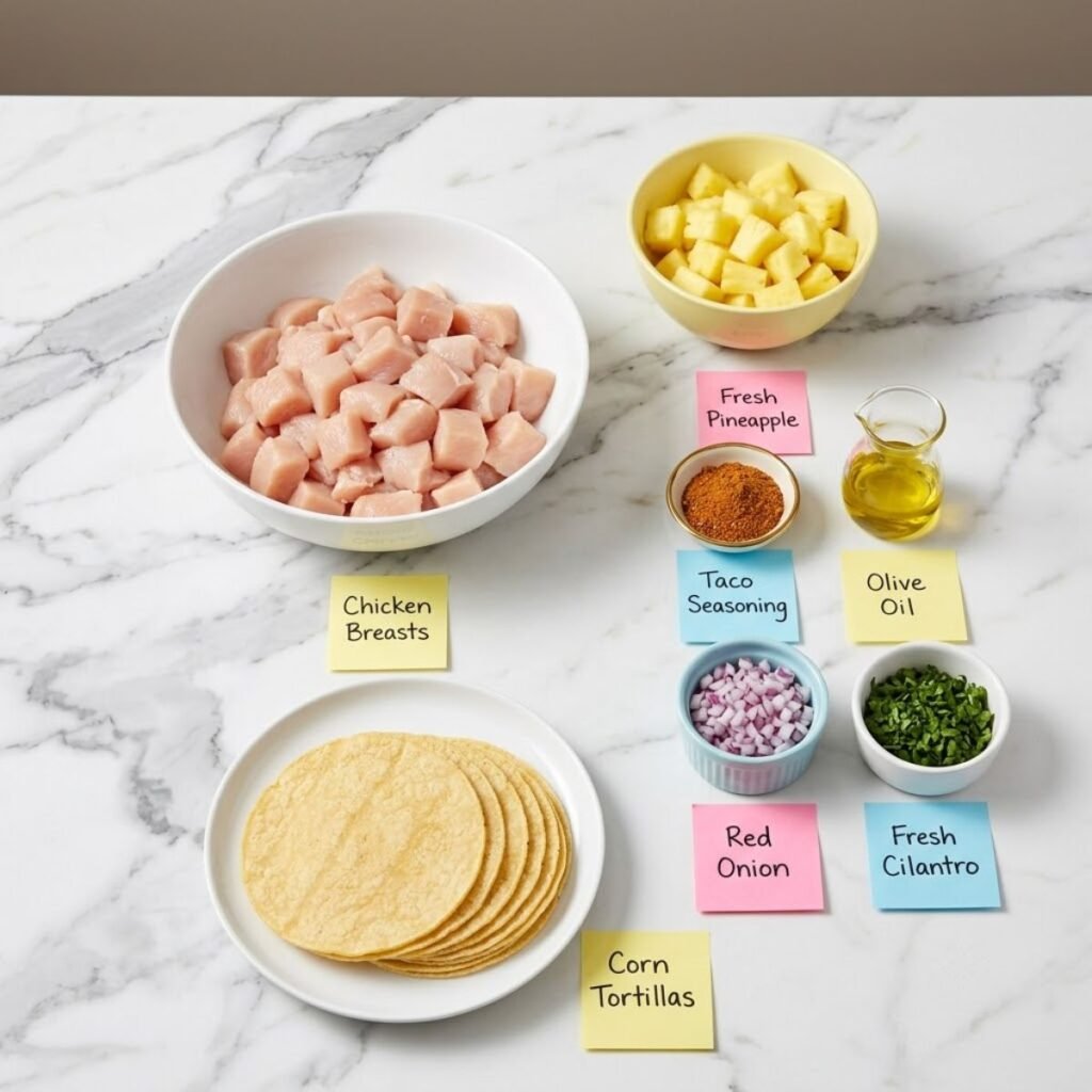 An overhead flat lay photograph of Pineapple Chicken Tacos ingredients including diced chicken, fresh pineapple, red onion, cilantro, and tortillas, organized in colorful containers on a white marble counter with handwritten sticky notes