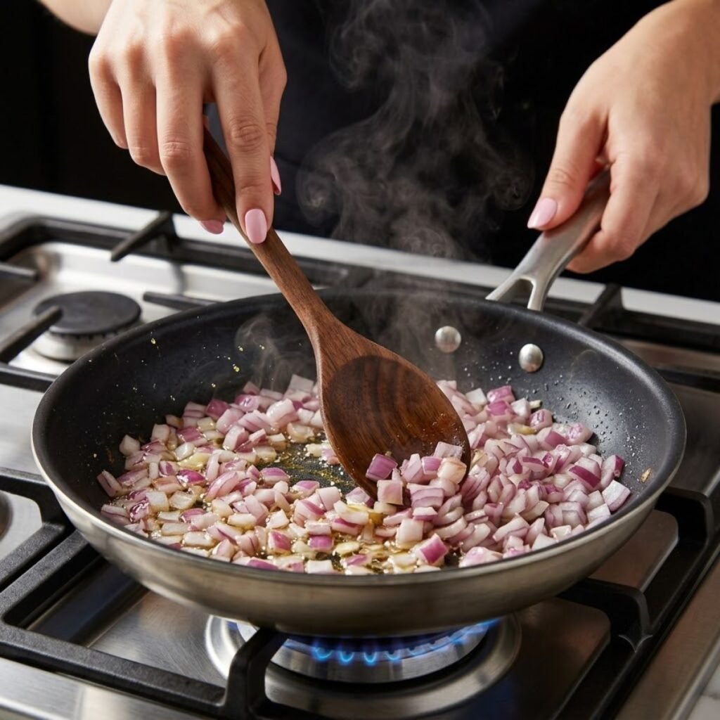 : An eye level extreme close up of a woman with Baby Pink nails stirring sizzling diced red onion in a nonstick skillet on a gas stove