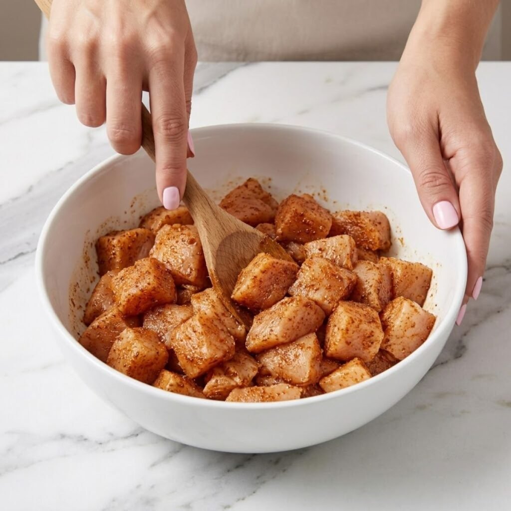 A close up high angle view of a woman with Baby Pink nail polish using a wooden spoon to toss diced chicken with taco seasoning in a white ceramic bowl on a marble counter.