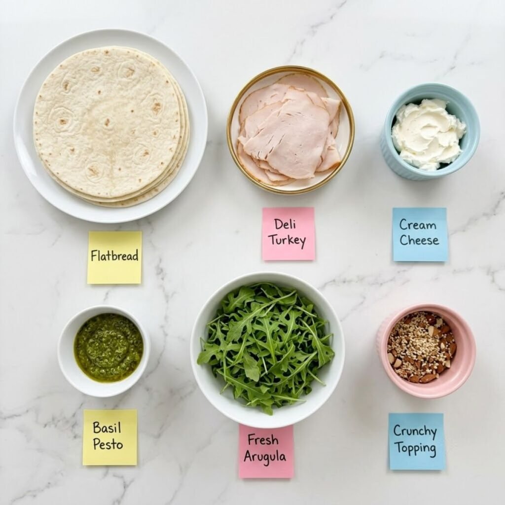 An overhead flat lay photograph of Turkey Pesto Pinwheels ingredients including flatbread, deli turkey, cream cheese, basil pesto, arugula, and nuts, organized in colorful containers on a white marble counter with handwritten sticky notes.