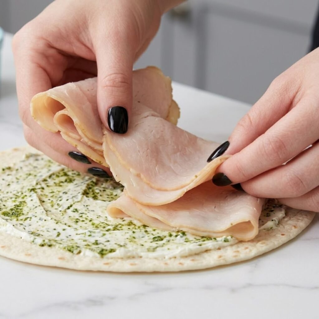 A high angle extreme close up of a woman with Glossy Black nails precisely layering thin deli turkey breast slices over herbed spread on a flatbread wrap.