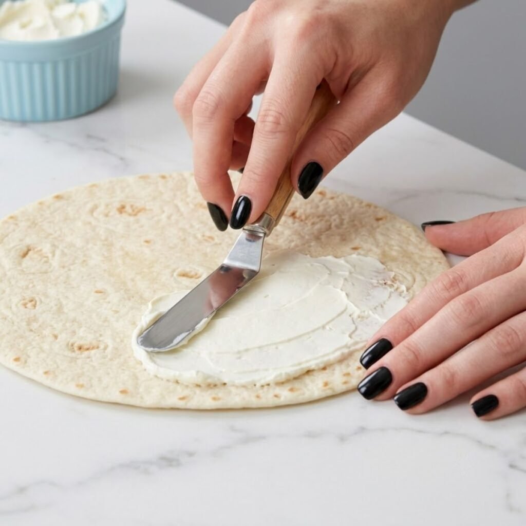A close up high angle view of a woman with Glossy Black nail polish using an offset spatula to spread cream cheese on a large flatbread wrap on a marble counter.