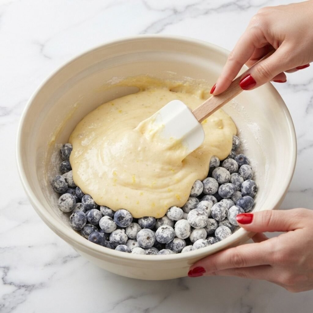Extreme close-up of hands with classic red nails folding floured blueberries into cupcake batter with a rubber spatula in a bowl.
