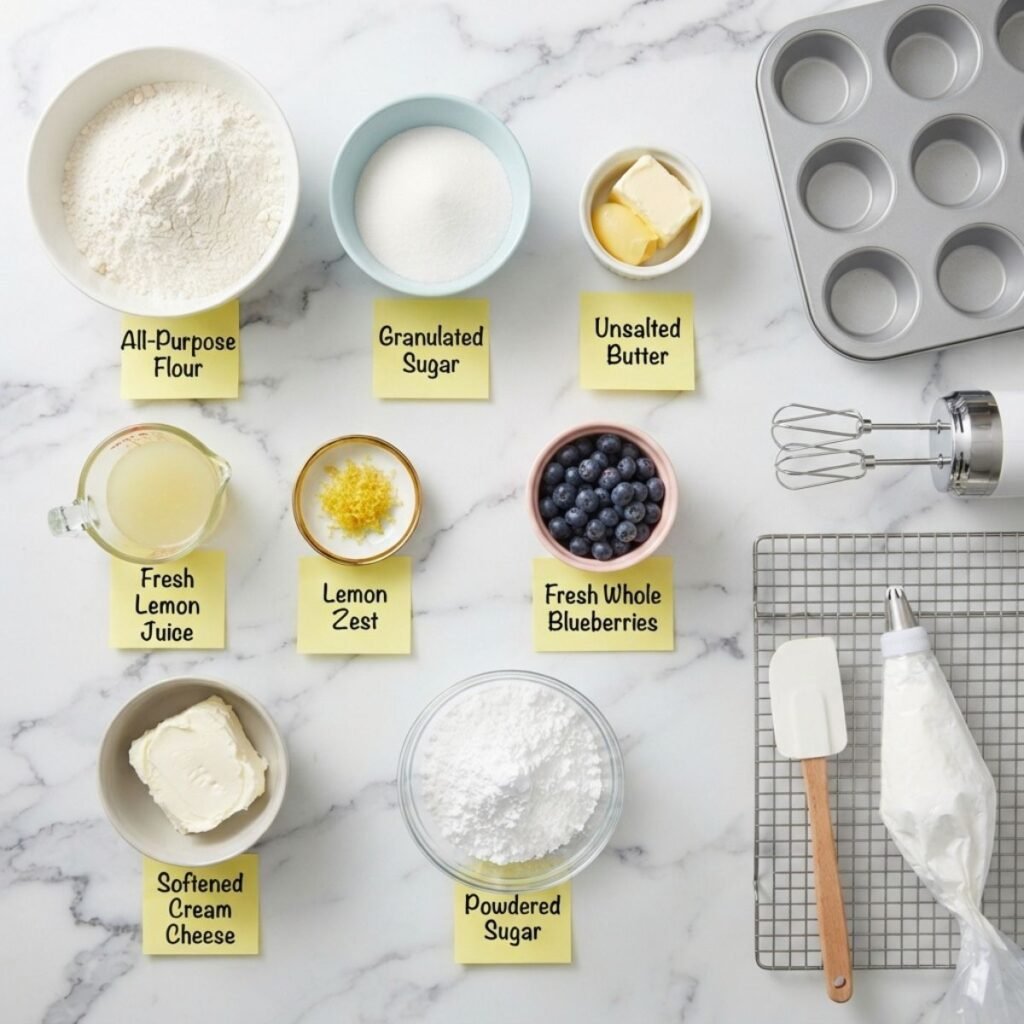 Flat lay photo of flour, sugar, butter, eggs, lemon juice, lemon zest, blueberries, cream cheese, and powdered sugar in containers on a marble counter with sticky note labels.