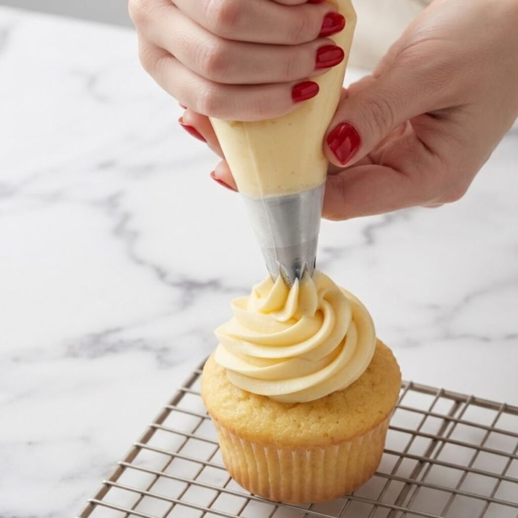 Close-up view of hands with classic red nails piping tall cream cheese frosting swirls onto a baked cupcake on a cooling rack.