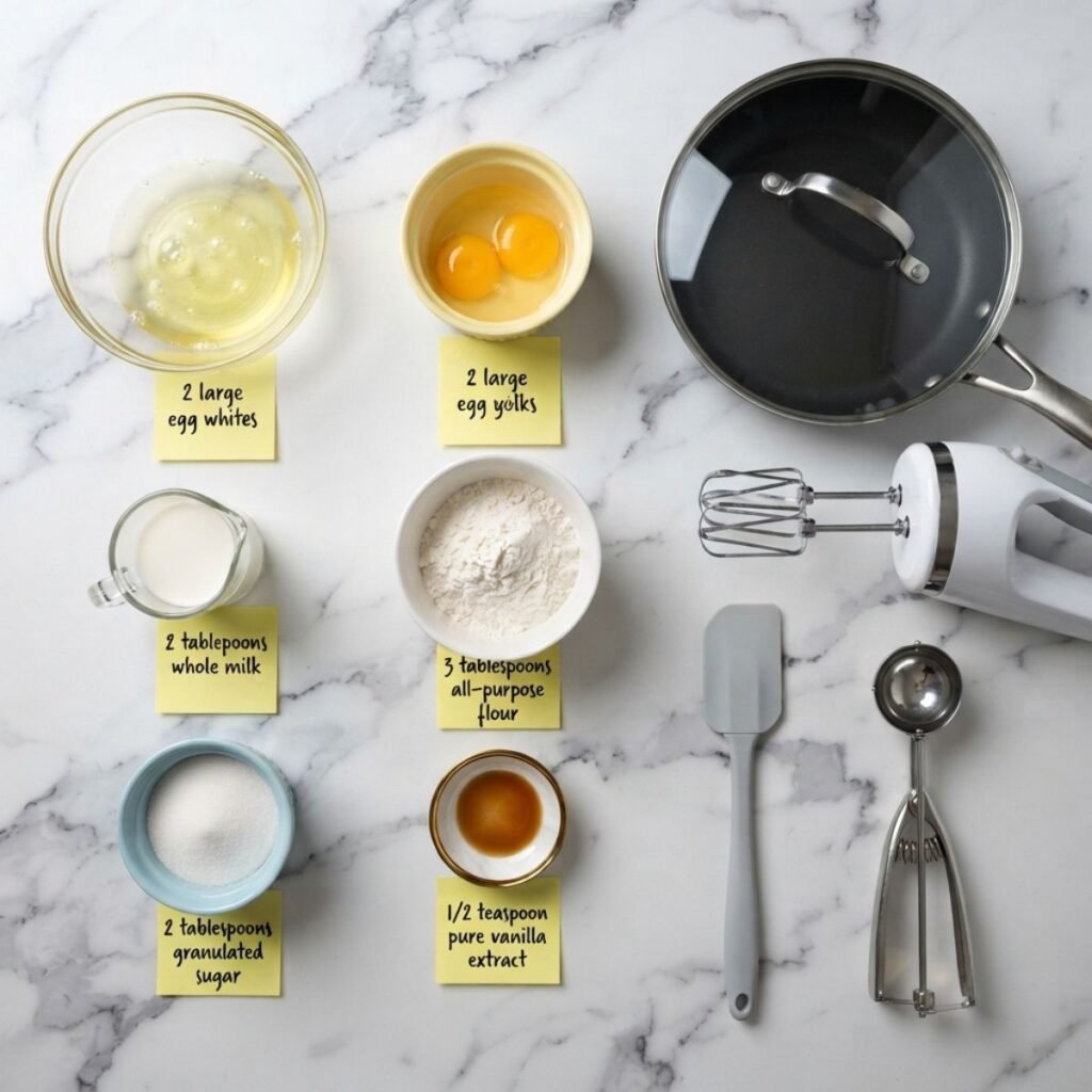 Flat lay photo of egg whites, egg yolks, milk, flour, sugar, and vanilla extract in bowls on a marble counter with sticky note labels.