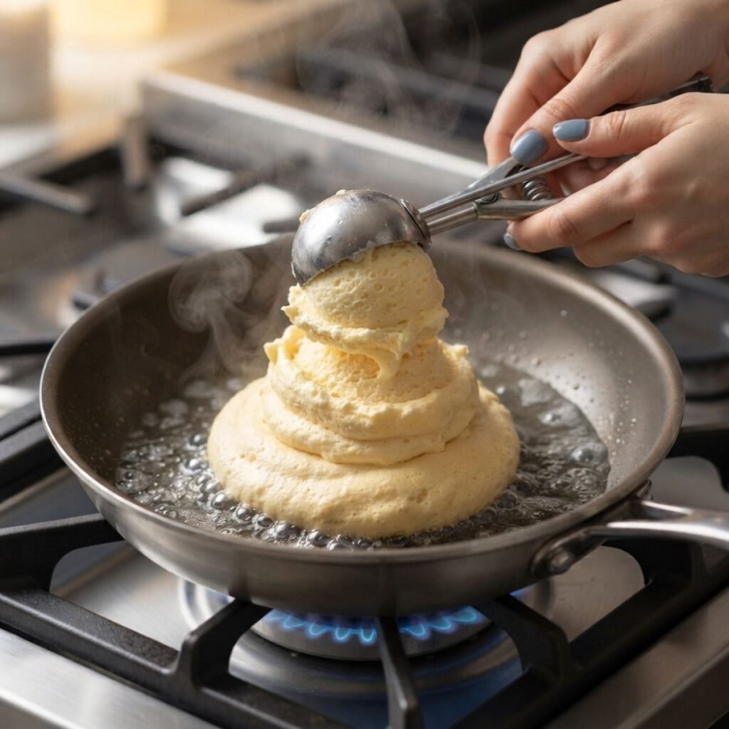 Close-up view of hands with fog blue nails using an ice cream scoop to stack fluffy pancake batter in a nonstick skillet on the stove.