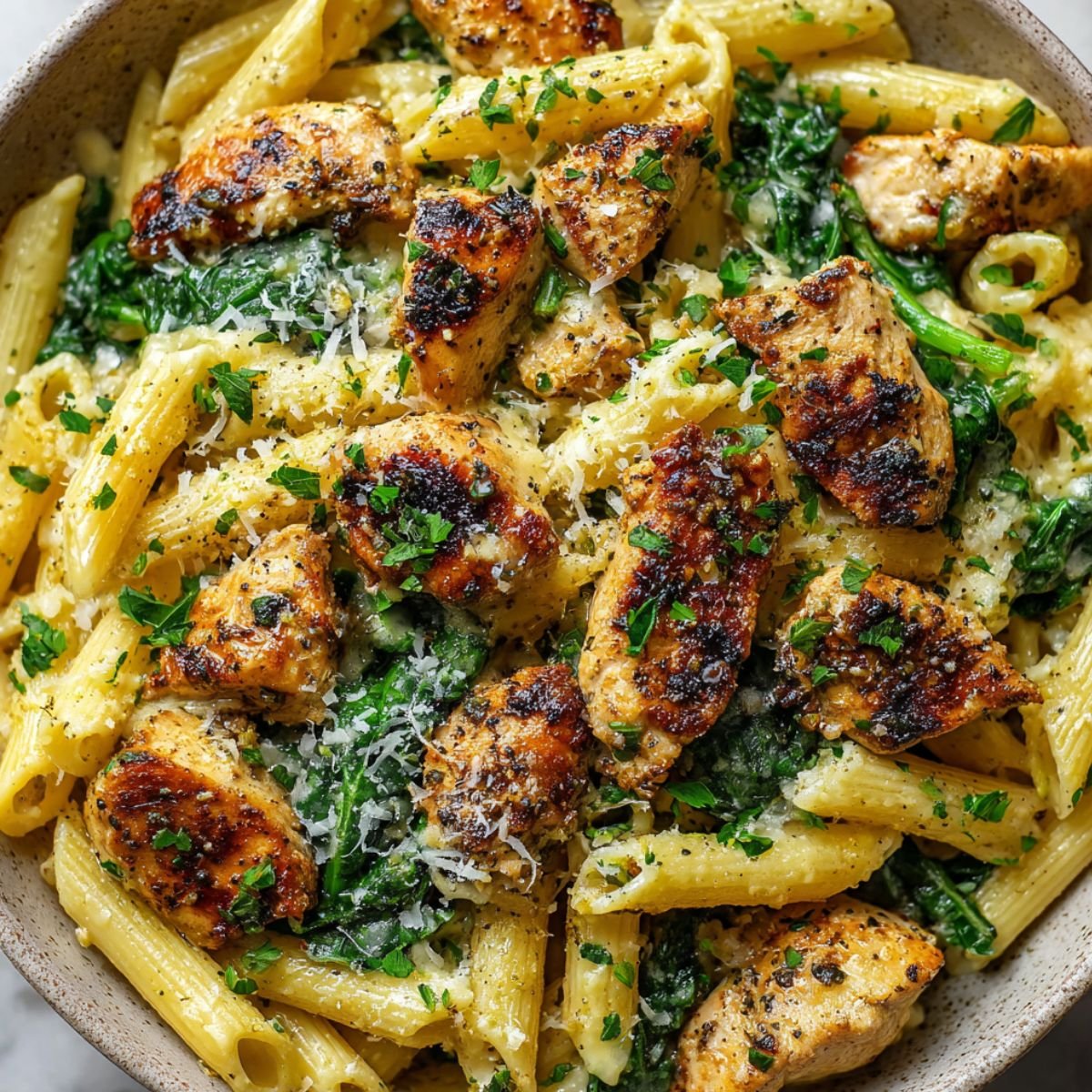 Healthy garlic parmesan chicken pasta with penne, grilled chicken breast, fresh spinach, and creamy sauce, topped with parmesan and parsley a high protein, meal prep friendly comfort food in a white bowl.