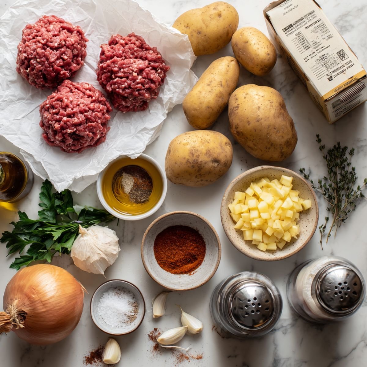 Fresh ingredients for ground beef and potatoes recipe including diced russet potatoes, raw ground beef, onions, and seasonings on wooden cutting board - Aunty Meals comfort food