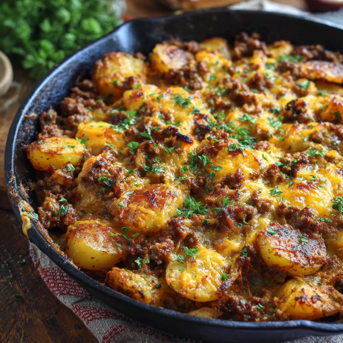 Bubbling cheesy ground beef and potatoes casserole in a black skillet, topped with fresh parsley and crispy golden edges; hot, homemade, and comforting.