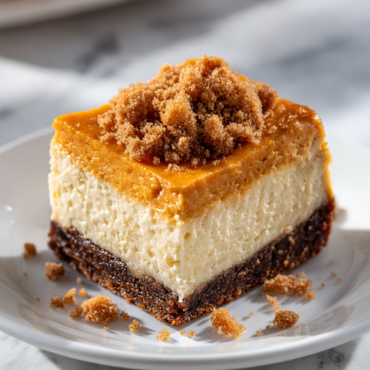homemade sweet potato cheesecake with graham cracker crust, creamy cheesecake center, and glossy sweet potato topping. Topped with brown sugar crumble