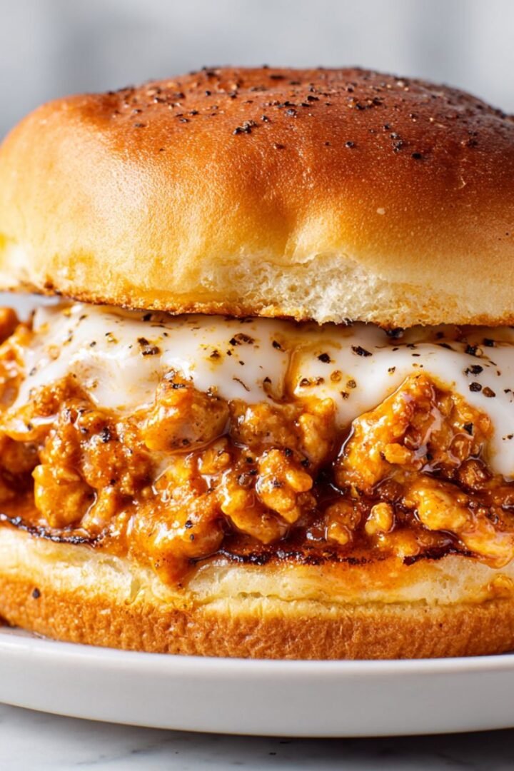 Cajun chicken sloppy joes with chunky seasoned ground chicken in cajun sauce, melted white cheese and black pepper on toasted hamburger bun. Comfort food sandwich with glossy sauce and generous cheese coverage.