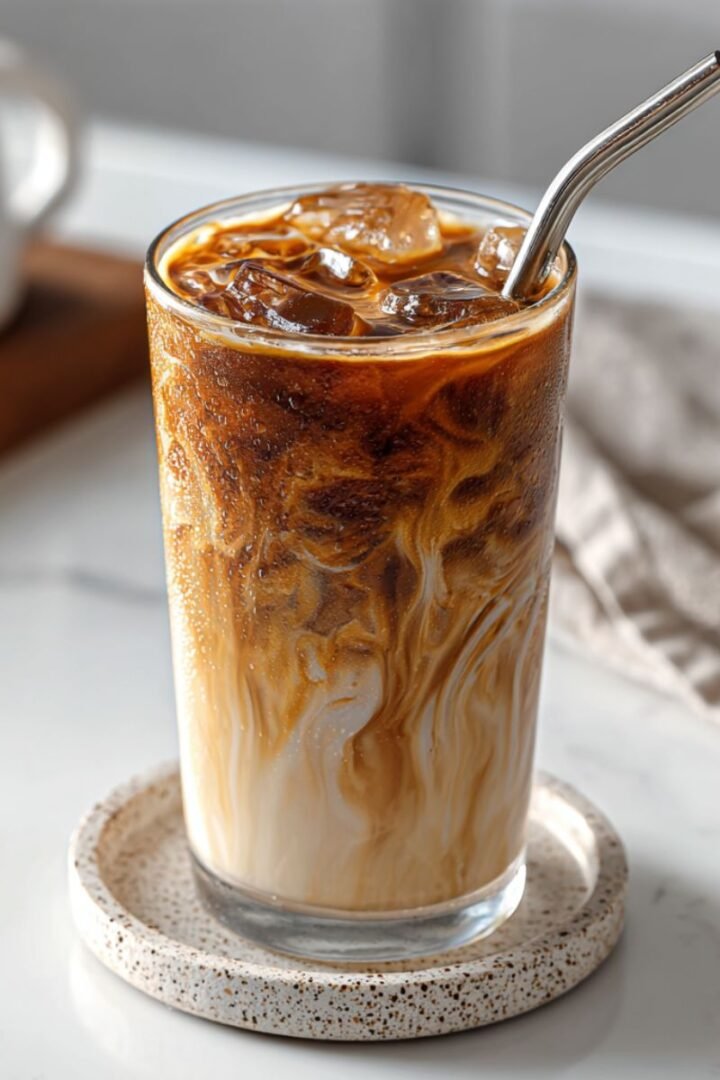 Homemade caramel iced coffee with beautiful brown layers and caramel drizzle in tall glass. Easy 5 minute cafe-style drink recipe with rich coffee and sweet caramel swirls.
