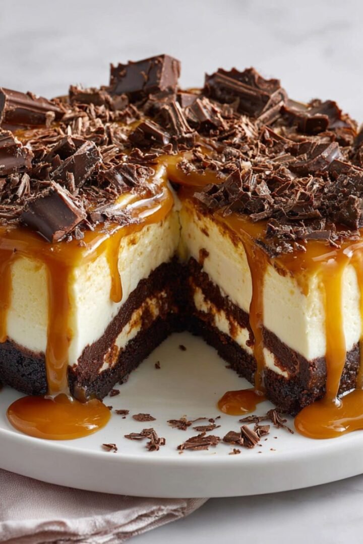Caramel brownie cheesecake with slice cut showing three layers: brownie base, cheesecake middle, caramel top with chocolate shavings. Triple-layer dessert with golden caramel drizzle and rich chocolate garnish on white plate