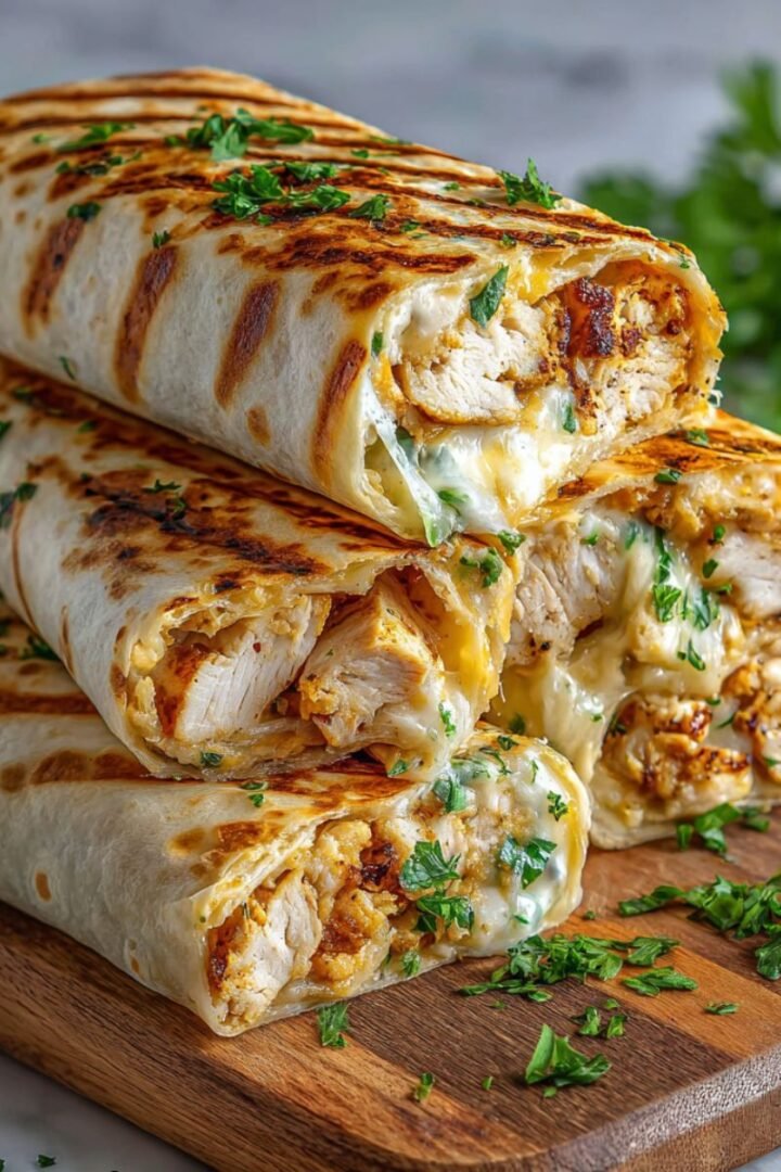 Cheesy garlic chicken wraps sliced in half showing melted cheese oozing out with seasoned chicken filling