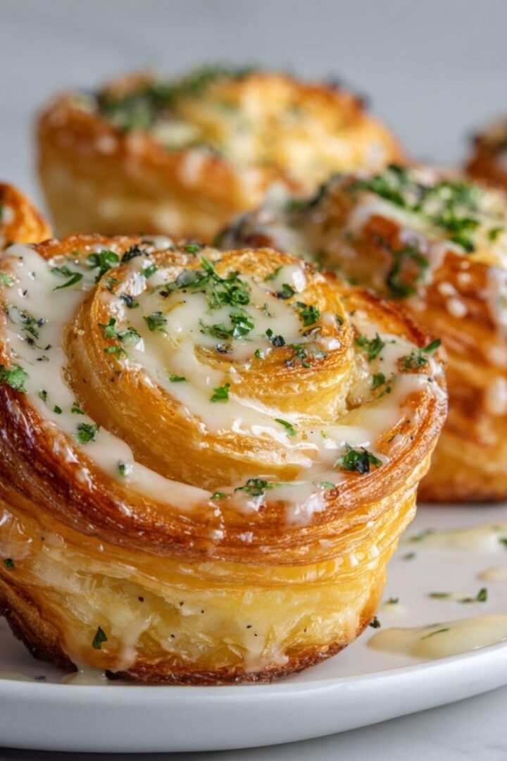 Cheesy garlic cruffins with golden puff pastry spiral layers, melted cheese and fresh parsley garnish. Bakery style pastry muffins with flaky texture and herb seasoning.