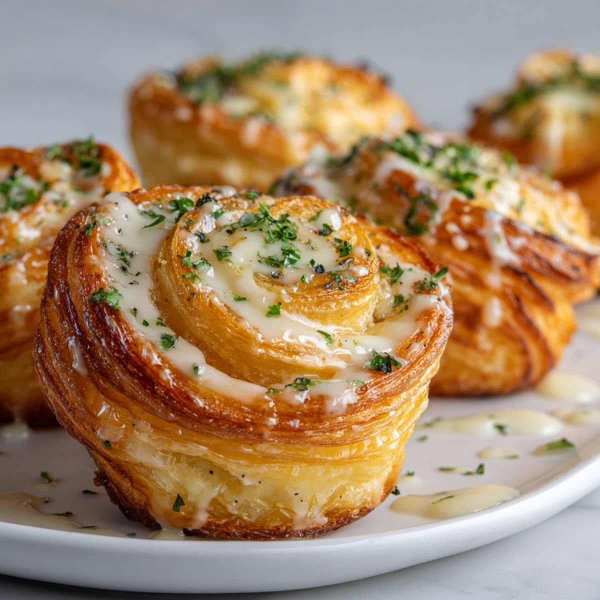Cheesy garlic cruffins with golden puff pastry spiral layers, melted cheese and fresh parsley garnish. Bakery style pastry muffins with flaky texture and herb seasoning.