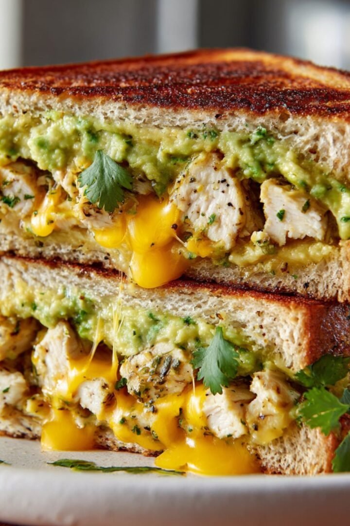Chicken avocado melt with golden toasted sourdough, melted cheese and creamy avocado layers cut in half. Easy 15 minute restaurant-quality sandwich recipe with seasoned chicken and fresh cilantro.