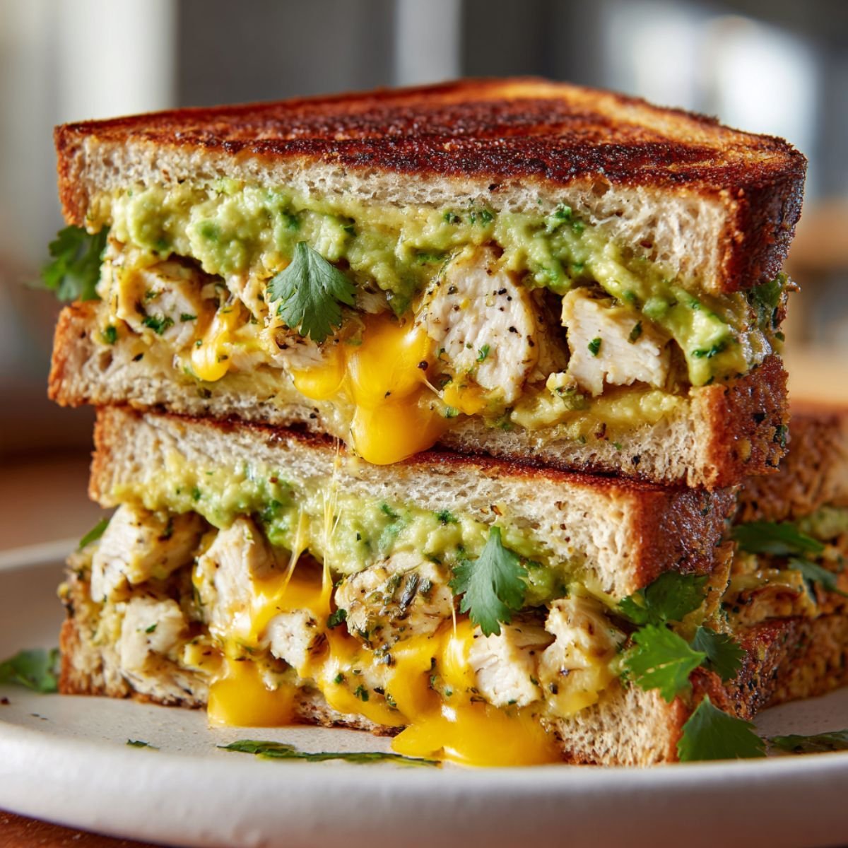 Chicken avocado melt with golden toasted sourdough, melted cheese and creamy avocado layers cut in half. Easy 15 minute restaurant-quality sandwich recipe with seasoned chicken and fresh cilantro.