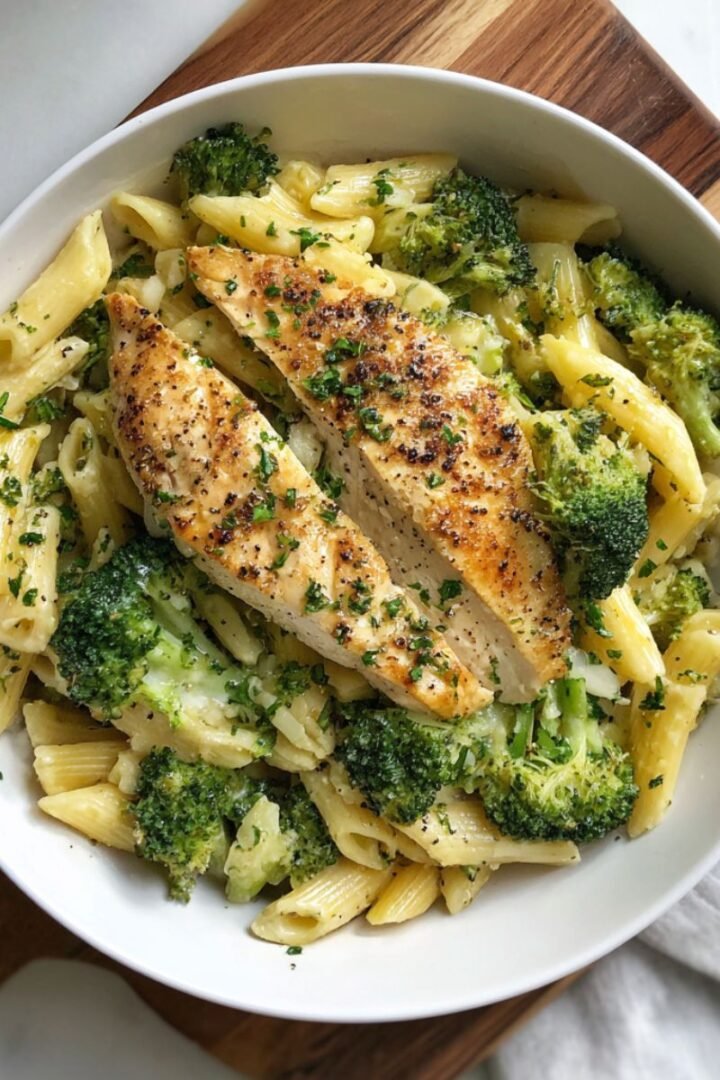 Homemade chicken broccoli pasta with golden seared chicken and fresh broccoli in white bowls. Easy 30 minute weeknight dinner recipe with penne pasta and garlic butter sauce.