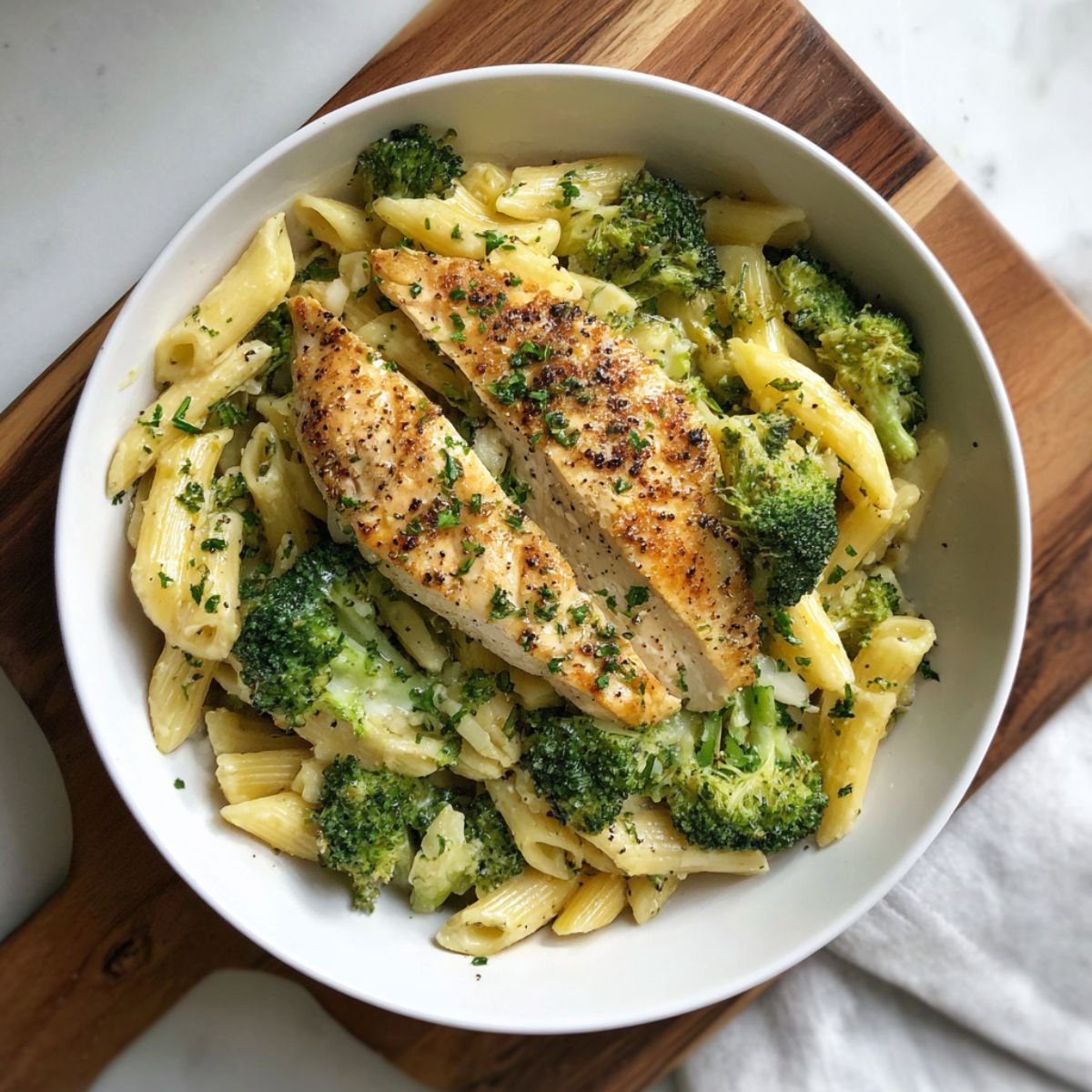 Homemade chicken broccoli pasta with golden seared chicken and fresh broccoli in white bowls. Easy 30 minute weeknight dinner recipe with penne pasta and garlic butter sauce.