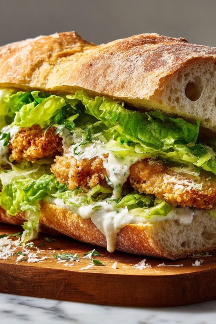 Crispy chicken Caesar sandwich with golden breaded chicken, fresh romaine lettuce and Parmesan on crusty Italian bread