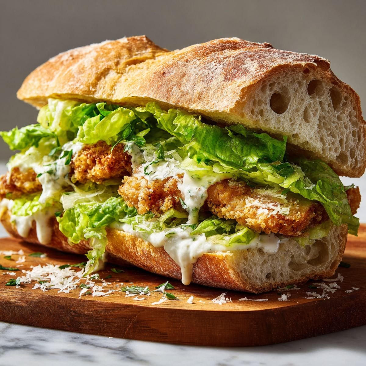 Crispy chicken Caesar sandwich with golden breaded chicken, fresh romaine lettuce and Parmesan on crusty Italian bread