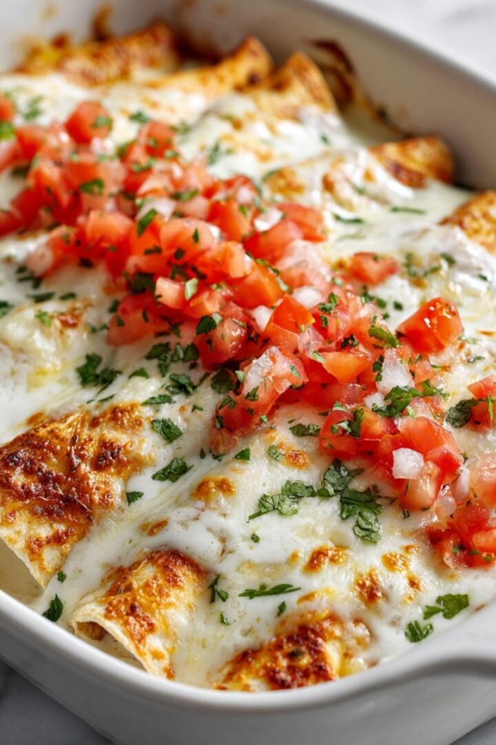 Chicken enchiladas with sour cream sauce topped with melted cheese and fresh garnish in baking dish. Easy 45 minute Mexican comfort food recipe with creamy white sauce and tender shredded chicken