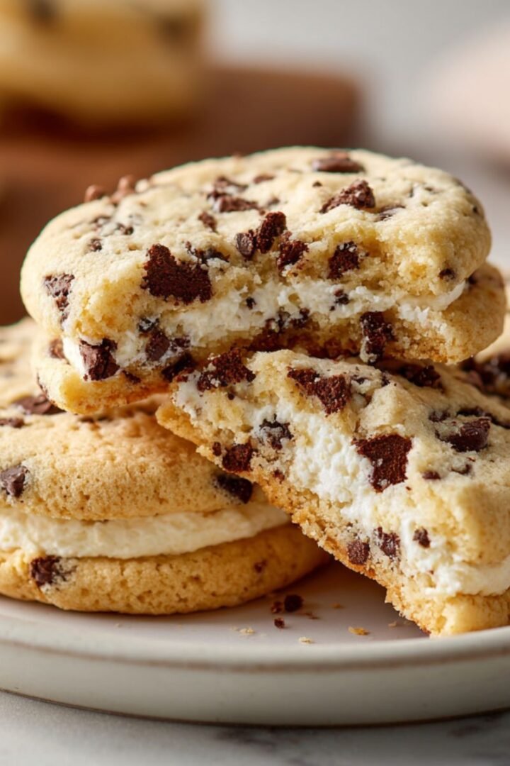 Soft pale golden chocolate chip cheesecake cookies with bright white filling center on ceramic plate. Thick cookies with mini chocolate chips and creamy cheesecake interior.