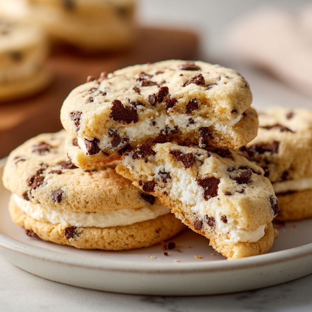 Soft pale golden chocolate chip cheesecake cookies with bright white filling center on ceramic plate. Thick cookies with mini chocolate chips and creamy cheesecake interior.