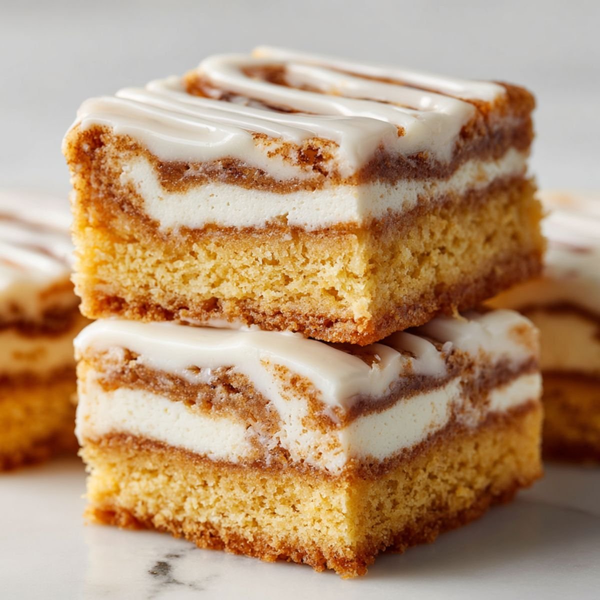 Cinnamon roll bliss bars with three layers - golden cake base, white cream cheese middle layer, and cinnamon cake top, all covered in thick vanilla glaze. Cut bars showing distinct cream cheese filling layer.