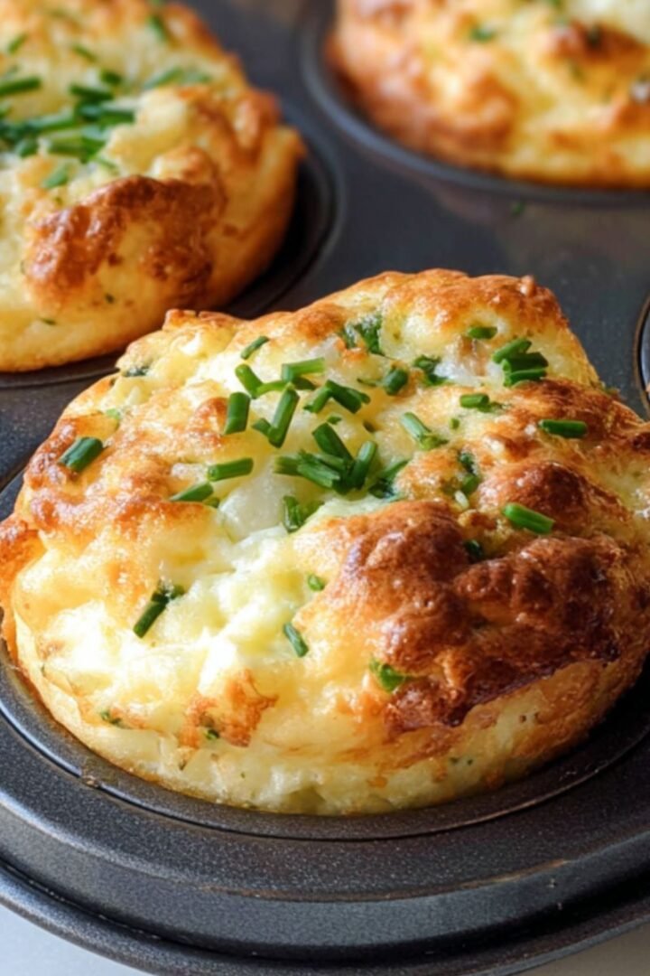 Cottage cheese egg muffins with golden-brown tops and fresh chives baked in muffin tin