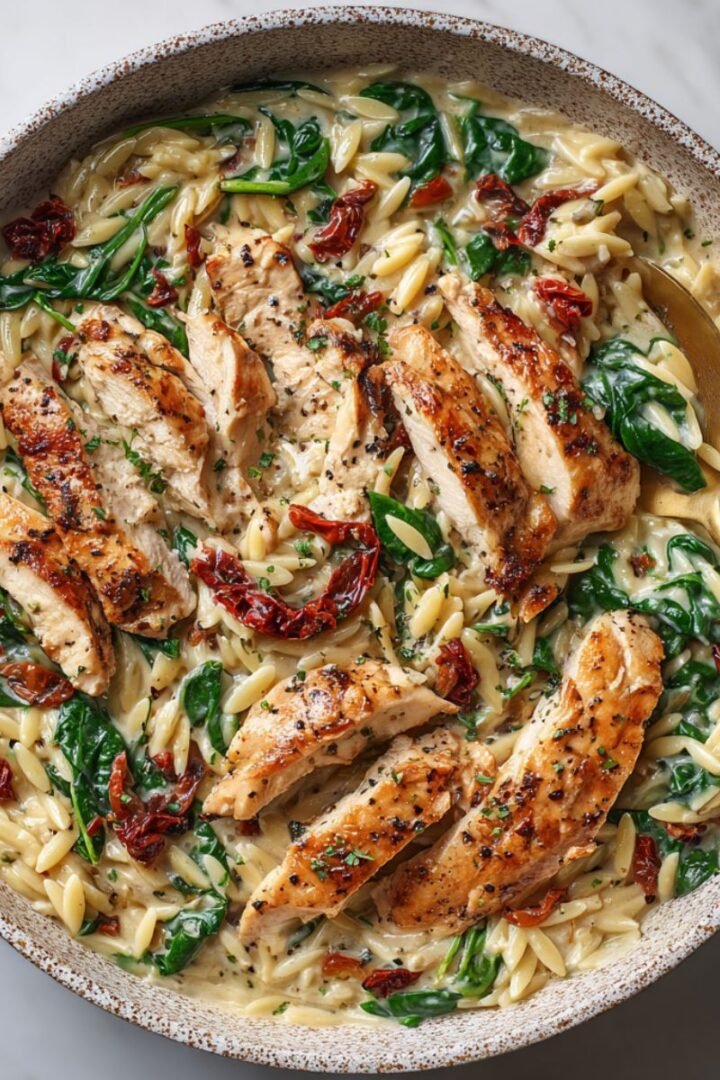 Creamy chicken orzo with thinly sliced golden chicken, fresh spinach and sun-dried tomatoes in ceramic skillet.