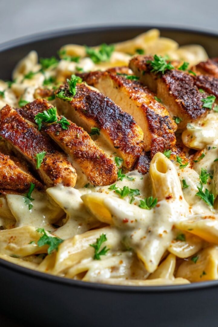 Creamy cajun chicken pasta with golden seared chicken and rich cream sauce in cast iron skillet. Easy 30 minute spicy comfort food recipe with penne pasta and cajun seasonings.