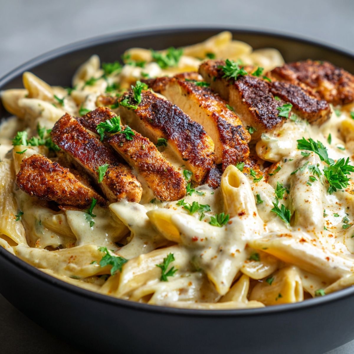 Creamy cajun chicken pasta with golden seared chicken and rich cream sauce in cast iron skillet. Easy 30 minute spicy comfort food recipe with penne pasta and cajun seasonings.