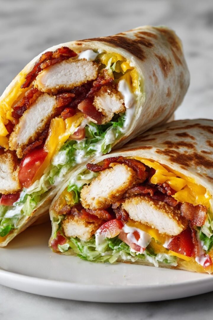 Crispy chicken bacon ranch wrap cut in half showing loaded layers on white plate. Restaurant-quality 20 minute recipe with golden chicken, crispy bacon and melted cheese in toasted tortilla.