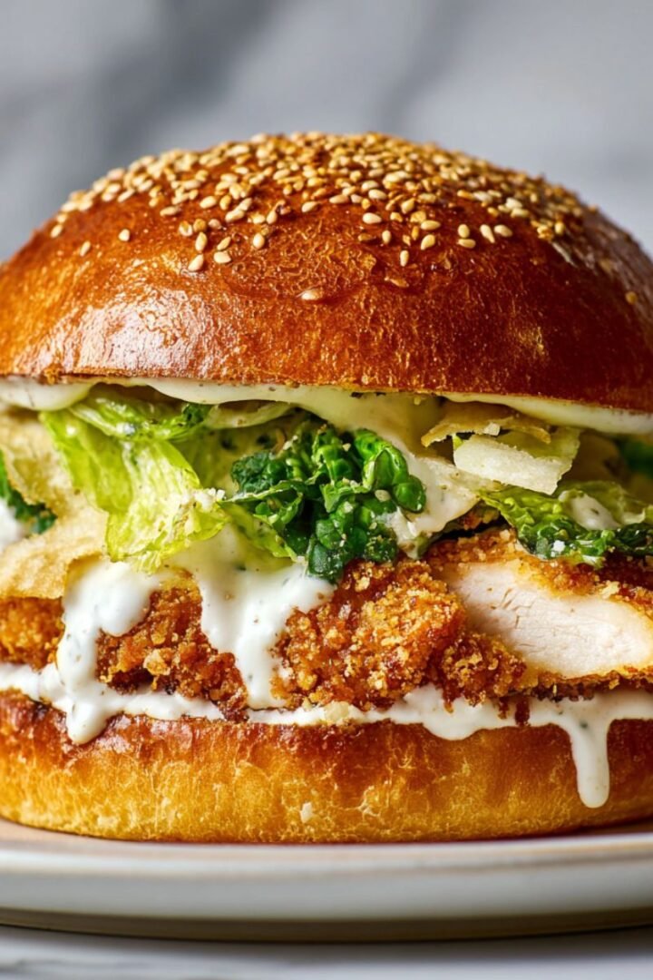 Crispy chicken caesar sandwich recipe with golden breaded chicken cutlet, fresh romaine lettuce and creamy caesar dressing on toasted brioche bun