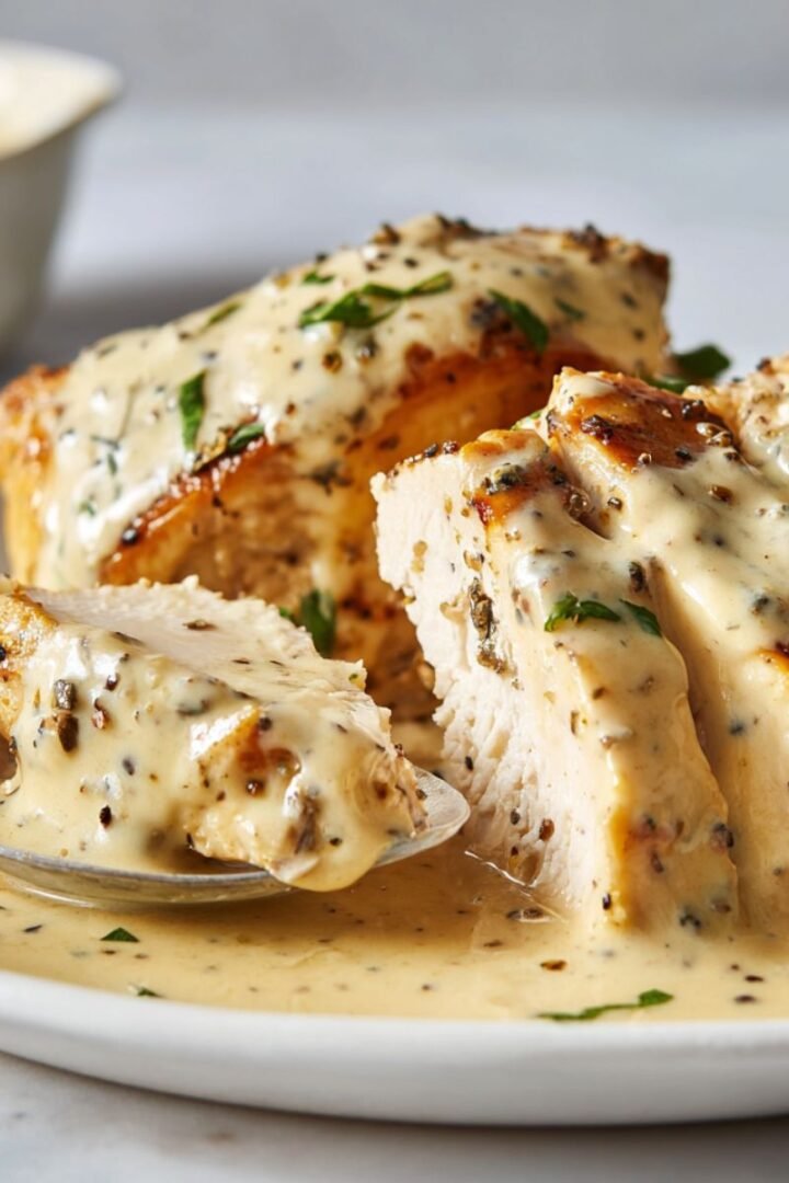 Crock pot ranch chicken with tender chicken breast in thick creamy ranch sauce, garnished with fresh herbs. Slow cooker comfort food with rich creamy coating on white plate.