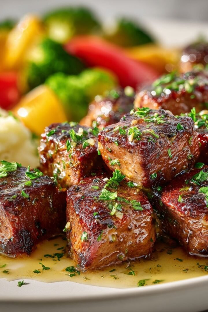 Garlic butter steak bites with perfect golden sear and creamy garlic butter sauce, garnished with fresh parsley. Tender beef cubes in rich herb butter with mashed potatoes and vegetables in background.