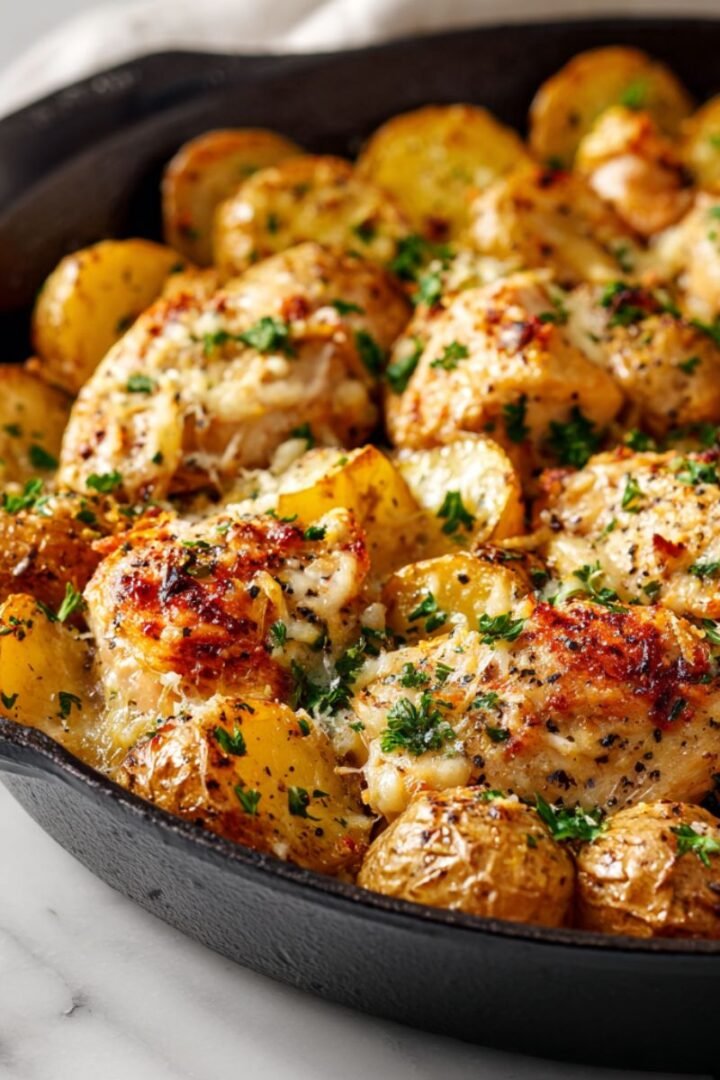 Garlic parmesan chicken and potatoes with golden-brown chicken, crispy potatoes and melted cheese in cast iron skillet.